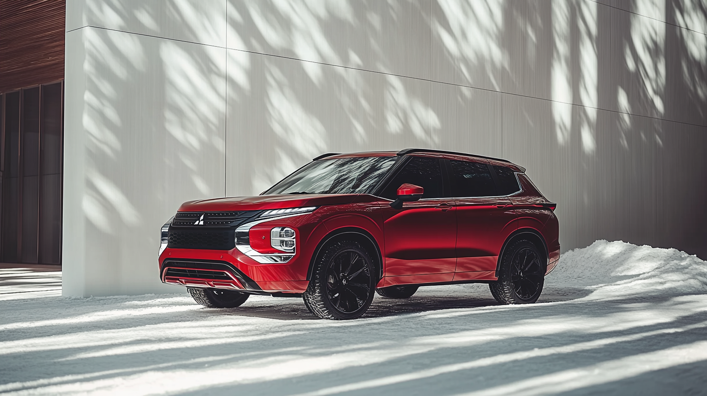 Red Mitsubishi Outlander Parked Front White Wall Sunny Day