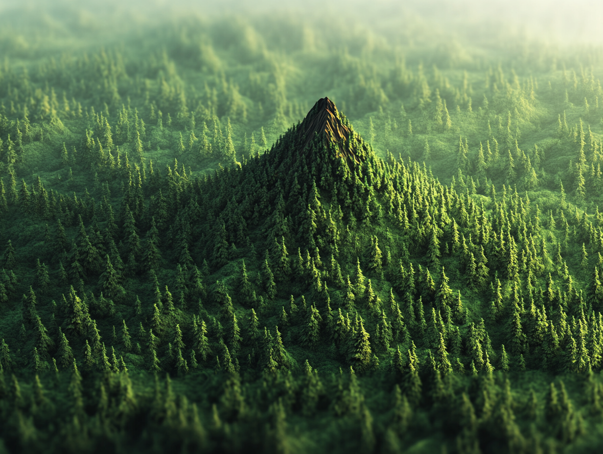 Red Mountain Among Enchanted Green Forest