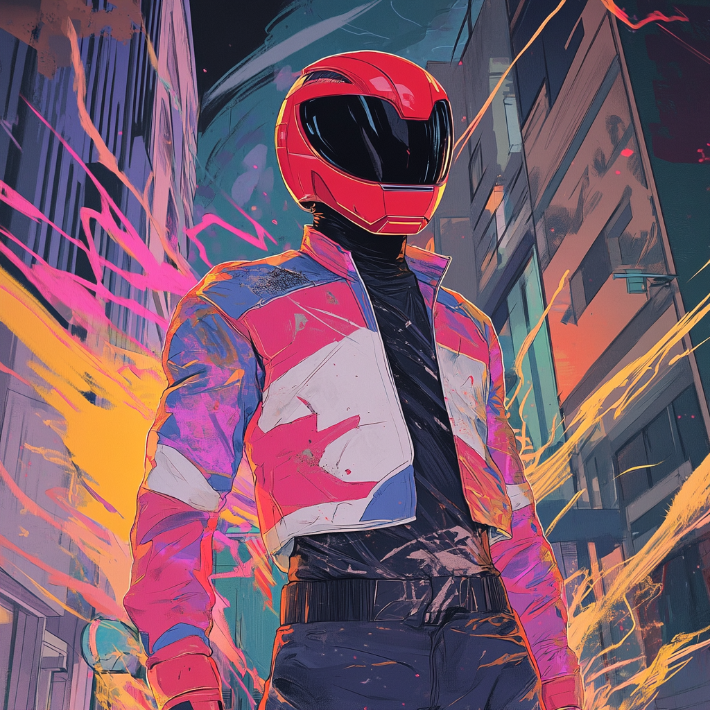 Red Power Ranger in stylish anime city scene