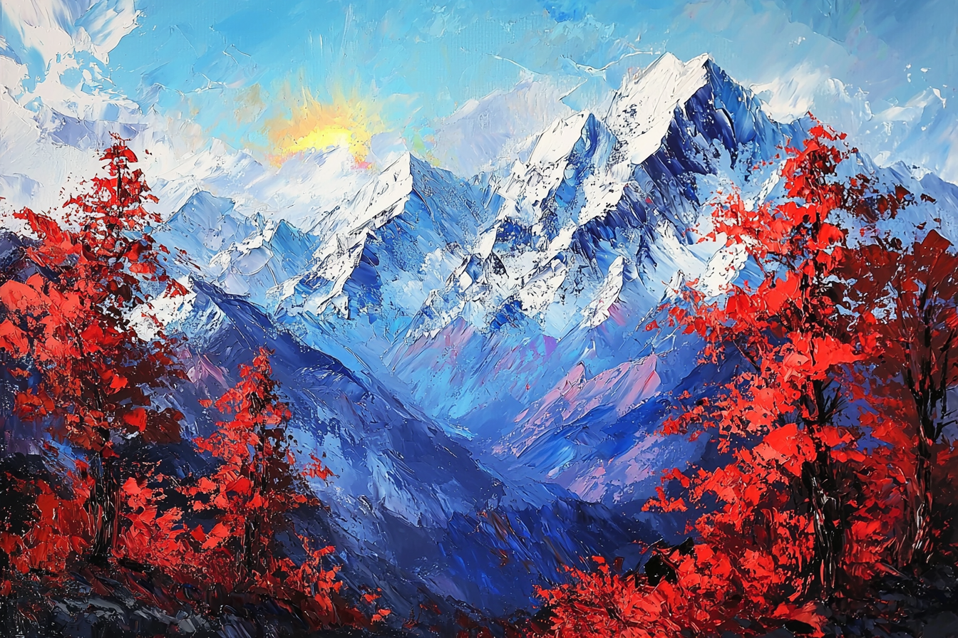 Red Trees, sun shining on Himalayan mountains, oil painting.