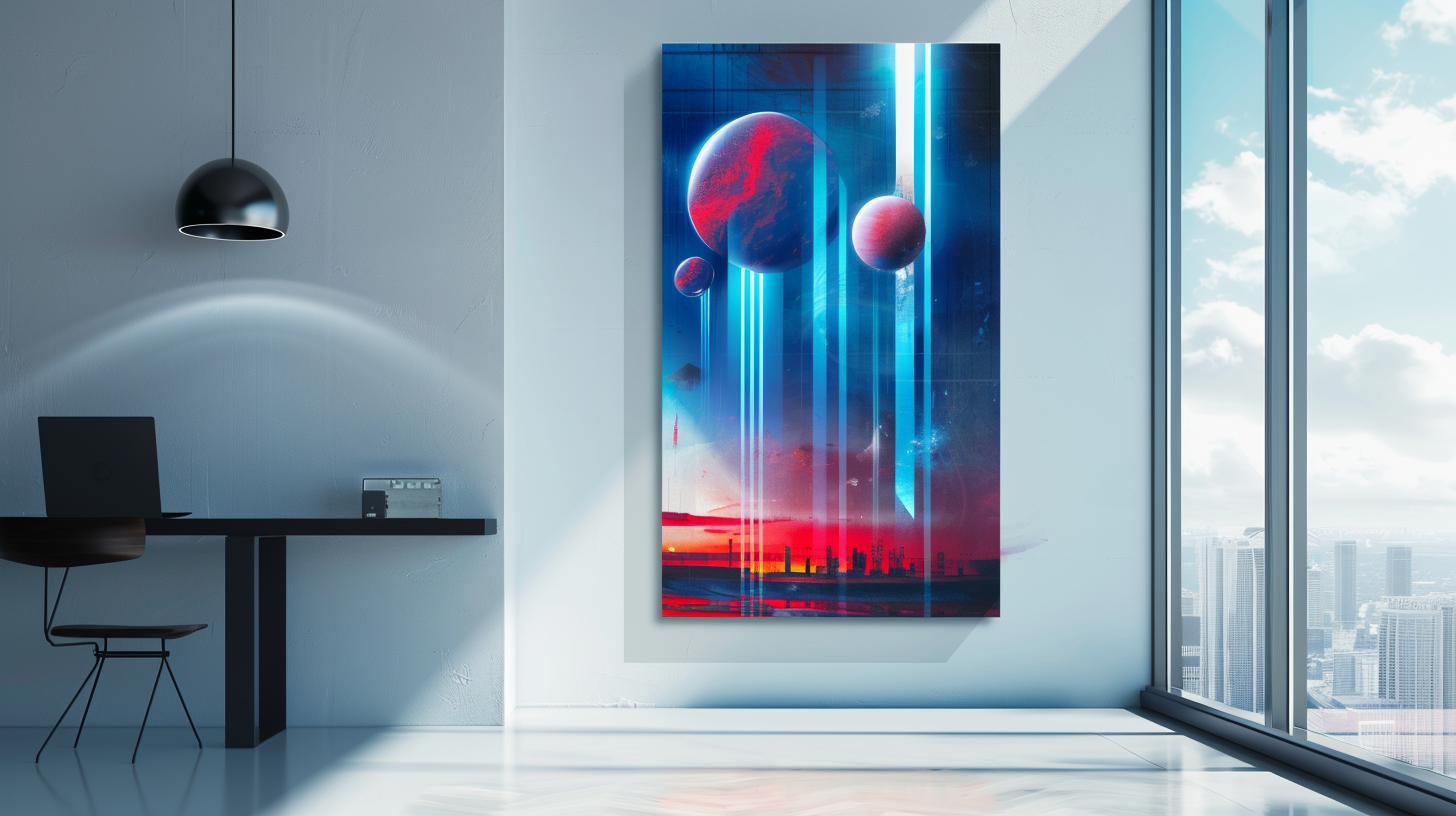 Red and Blue Futuristic Shapes Painting on Wall