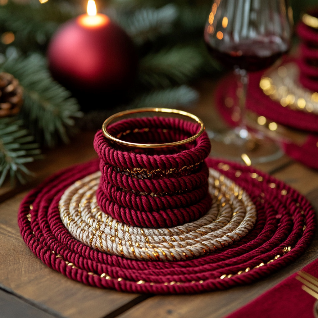 Red and gold braided cord coasters on Christmas table.