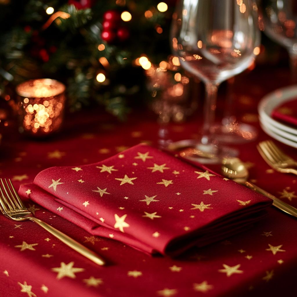 Red and gold star decorated Christmas themed table setting.