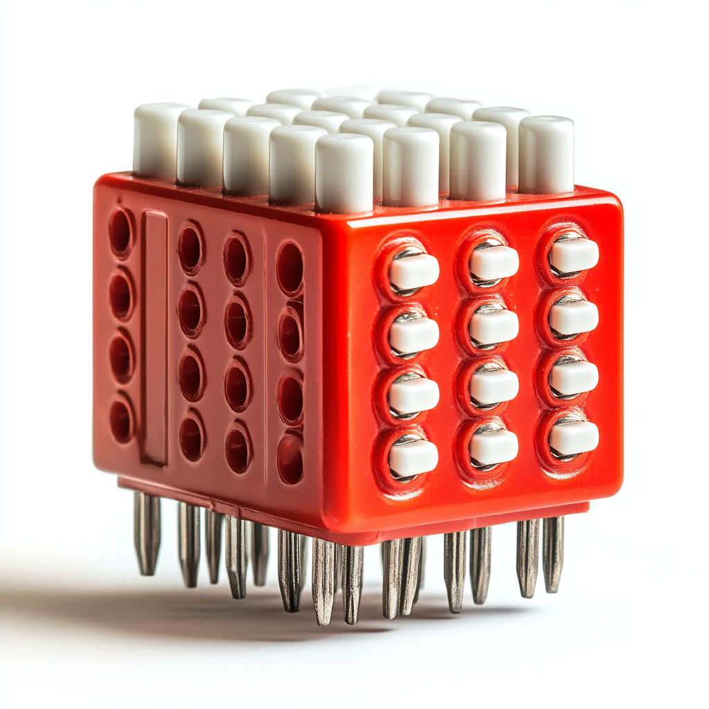 Red and white DIP switch on metal pins.