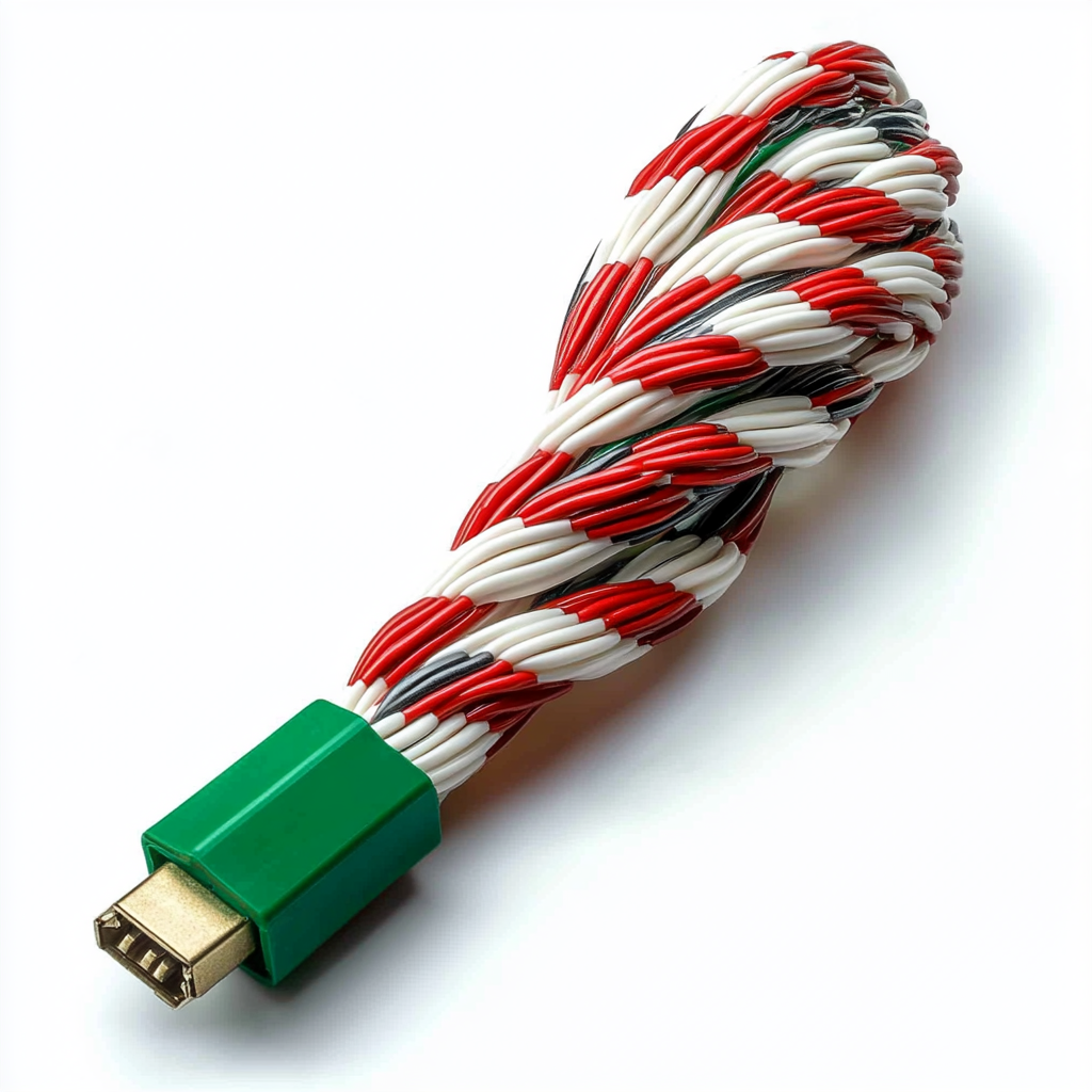 Red and white twisted wires with green terminal block.