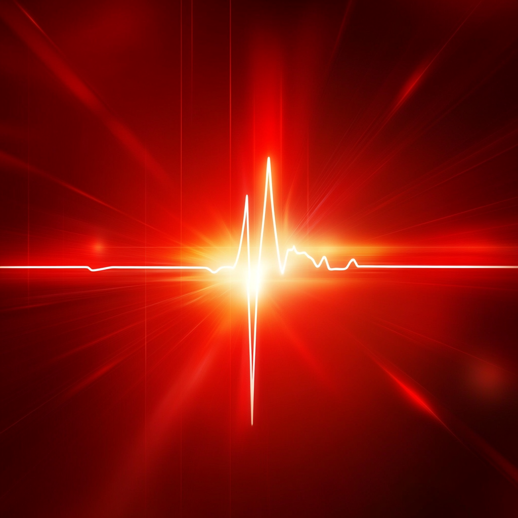 Red background with glowing heartbeat line symbolizing life and energy.