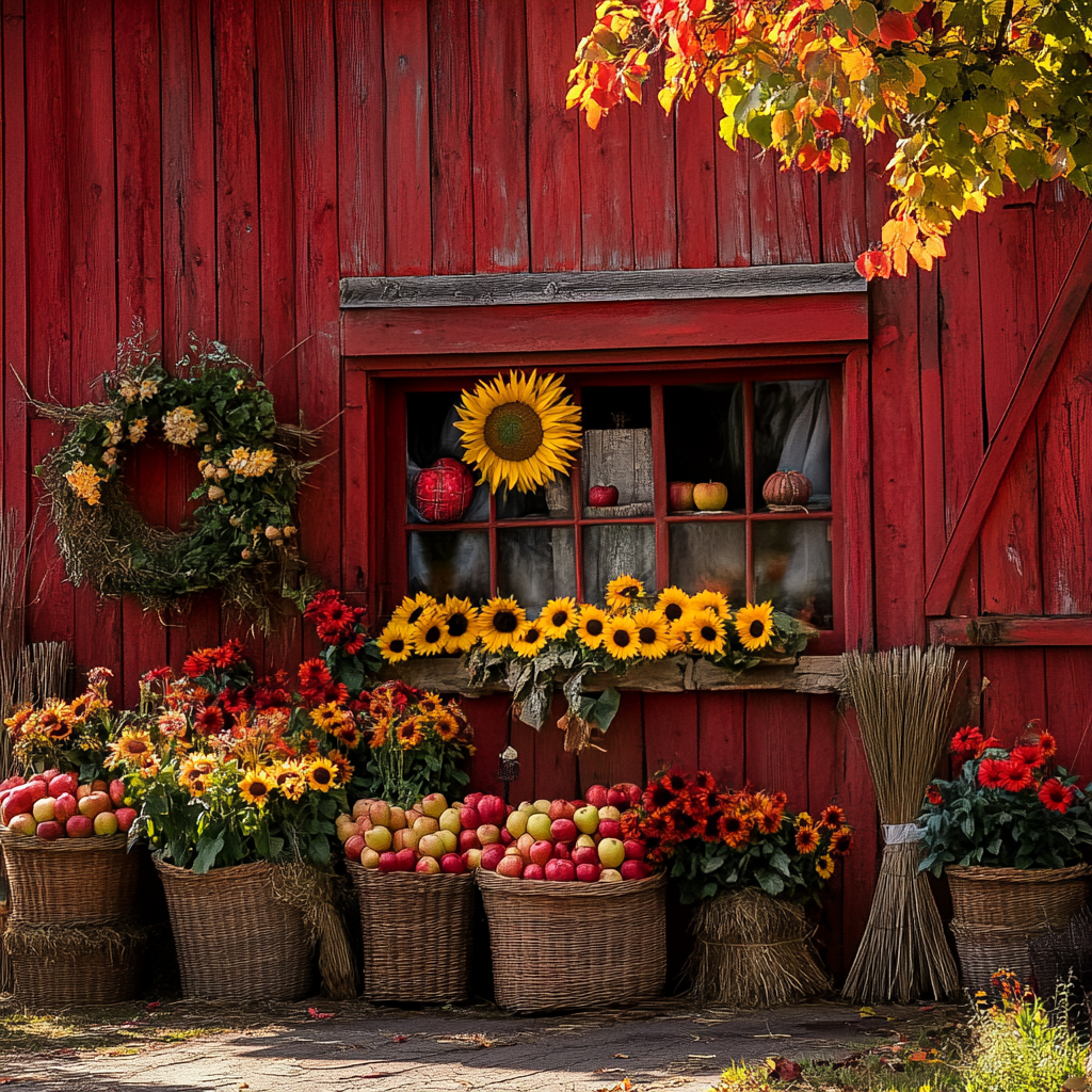 Red barn front with apples, hay, sunflowers - fall vibes.