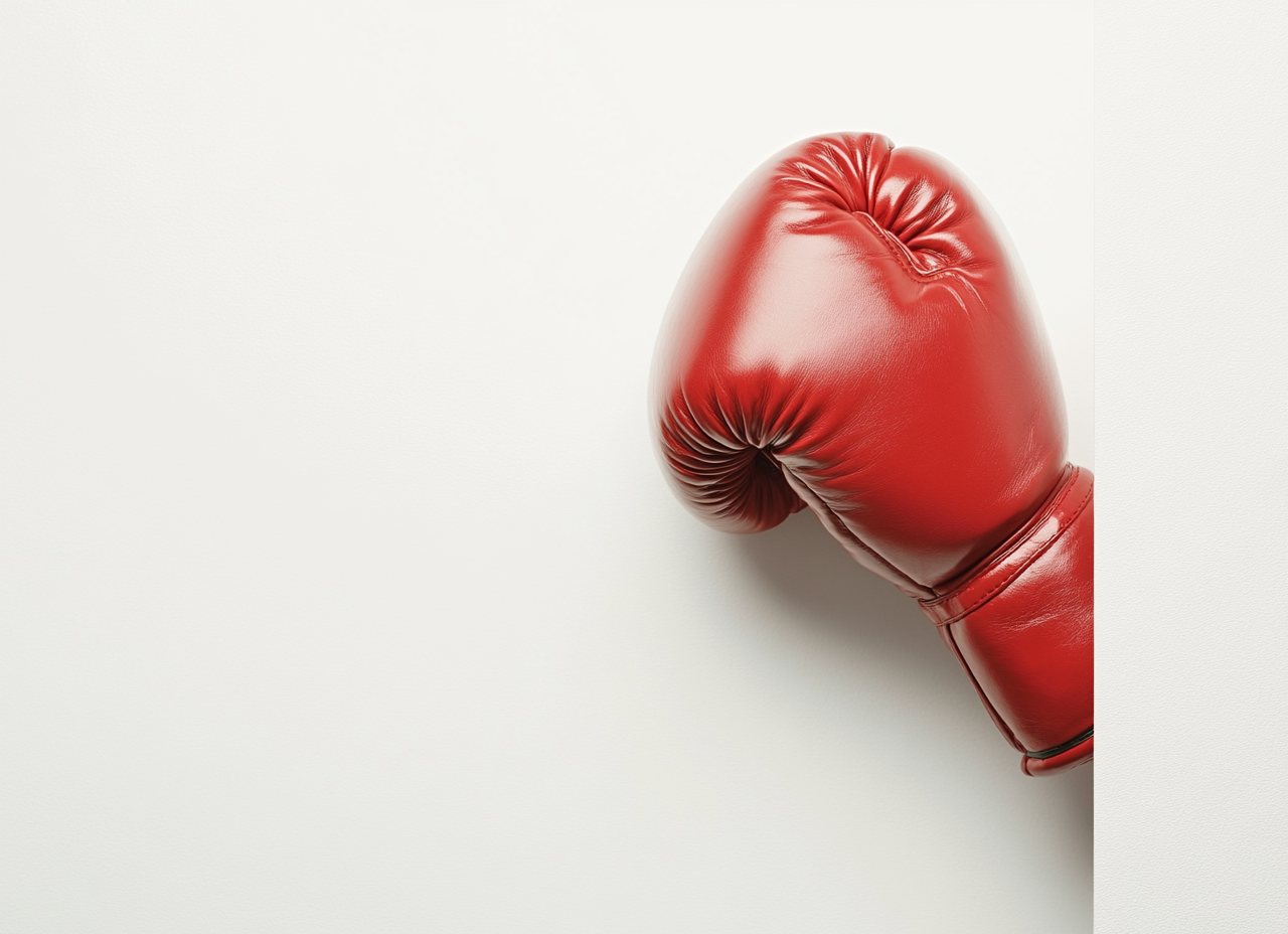 Red boxing glove ready to punch through white wall.