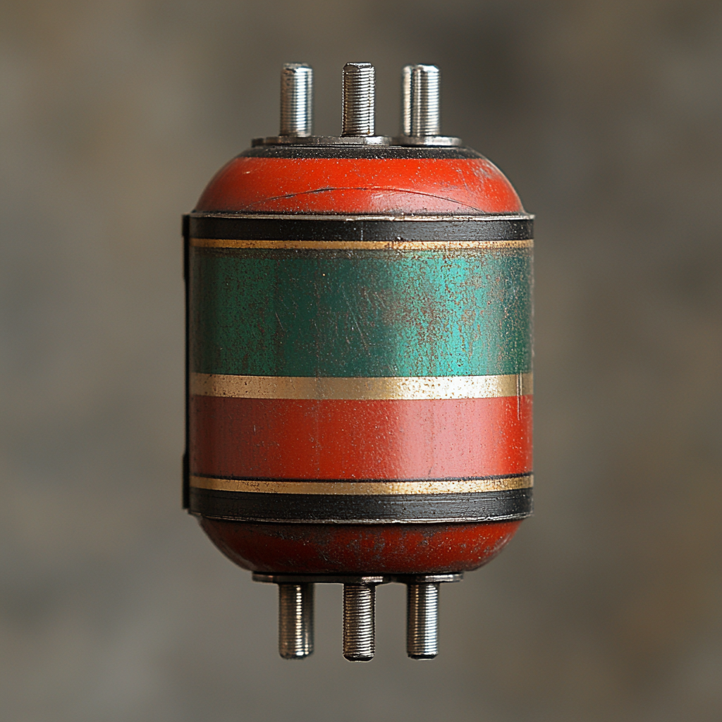 Red capacitor with green stripe, top view, rotated slightly