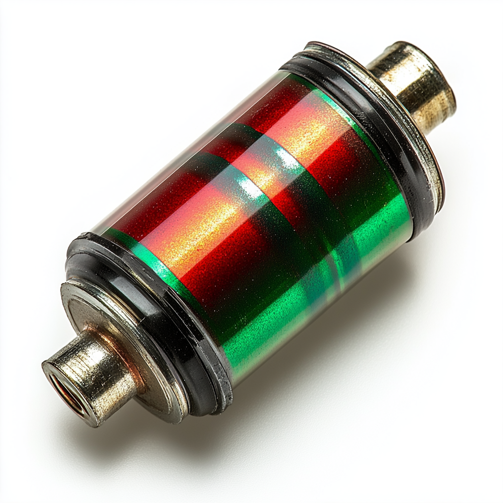 Red capacitor with green stripe, viewed from above, rotating.