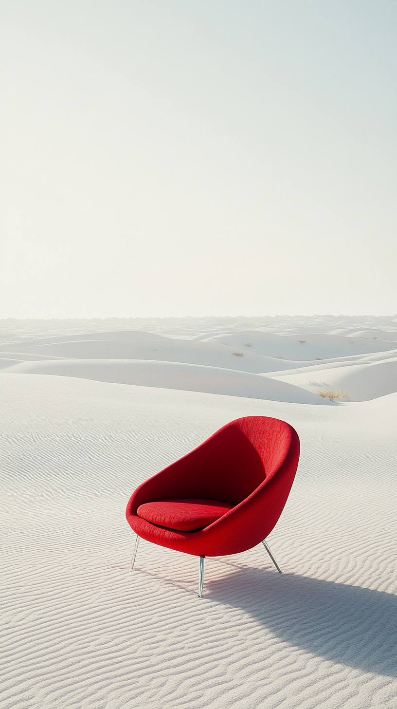 Red chair in desert with serene lighting, inviting atmosphere.