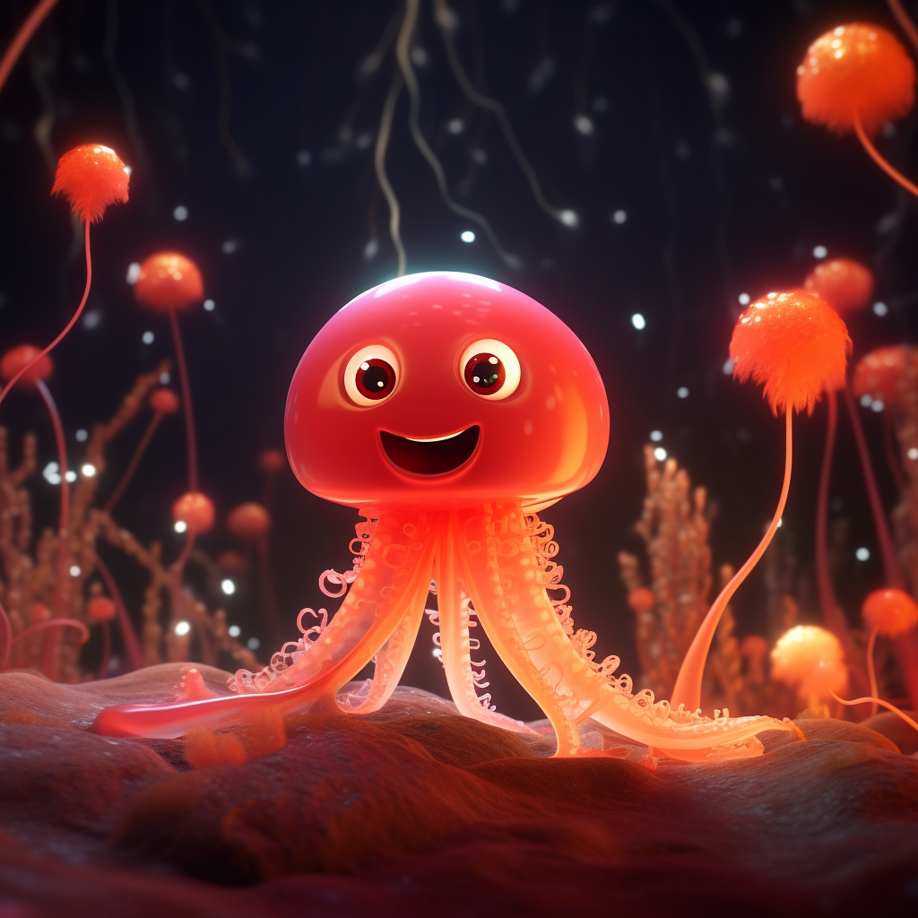 Red child dinosaur smiling at glowing jellyfish and planets.