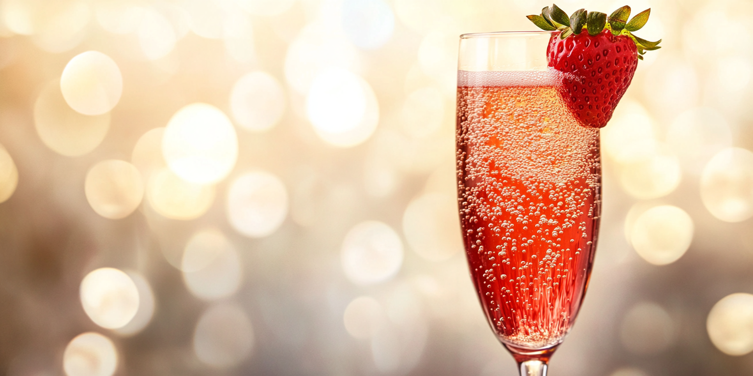 Red cocktail in champagne flute with strawberry garnish.