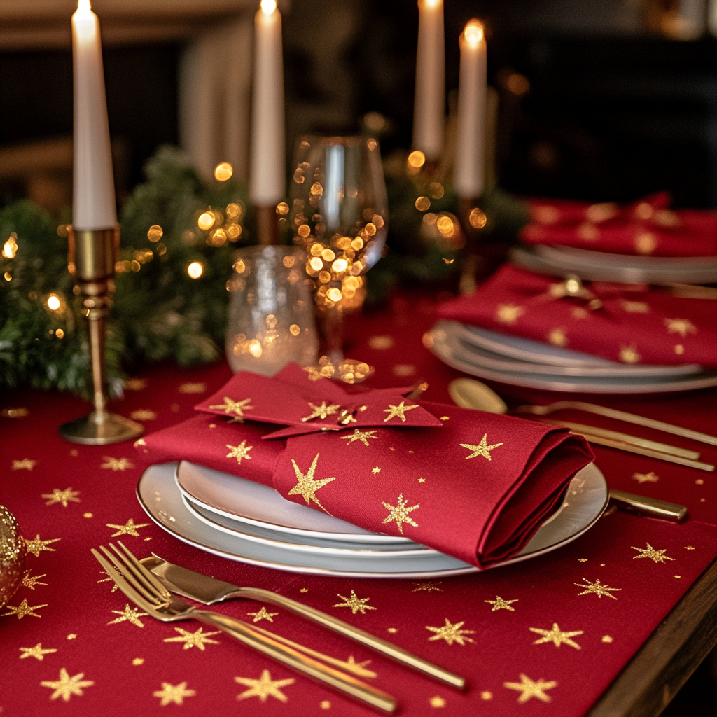 Red cotton napkins with gold stars on Christmas table.