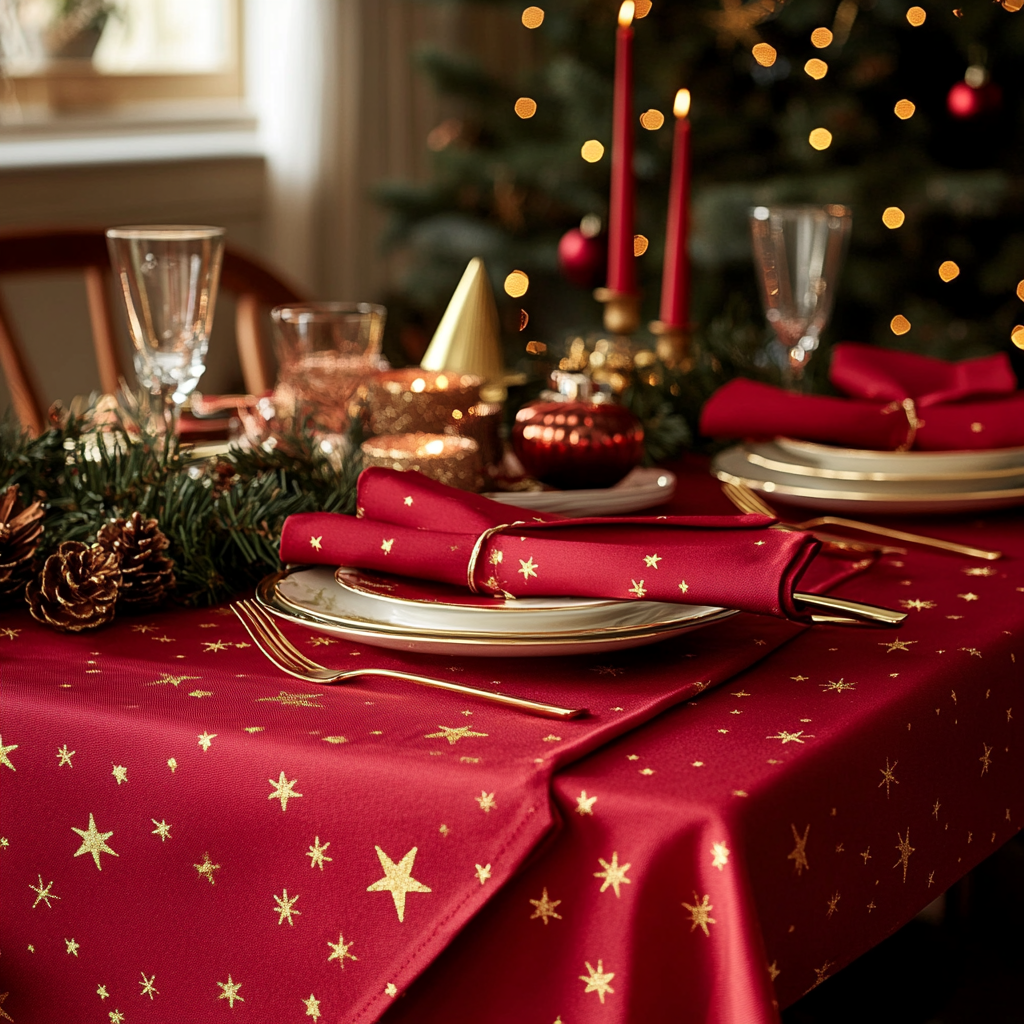 Red cotton tablecloth and napkins with gold star designs.