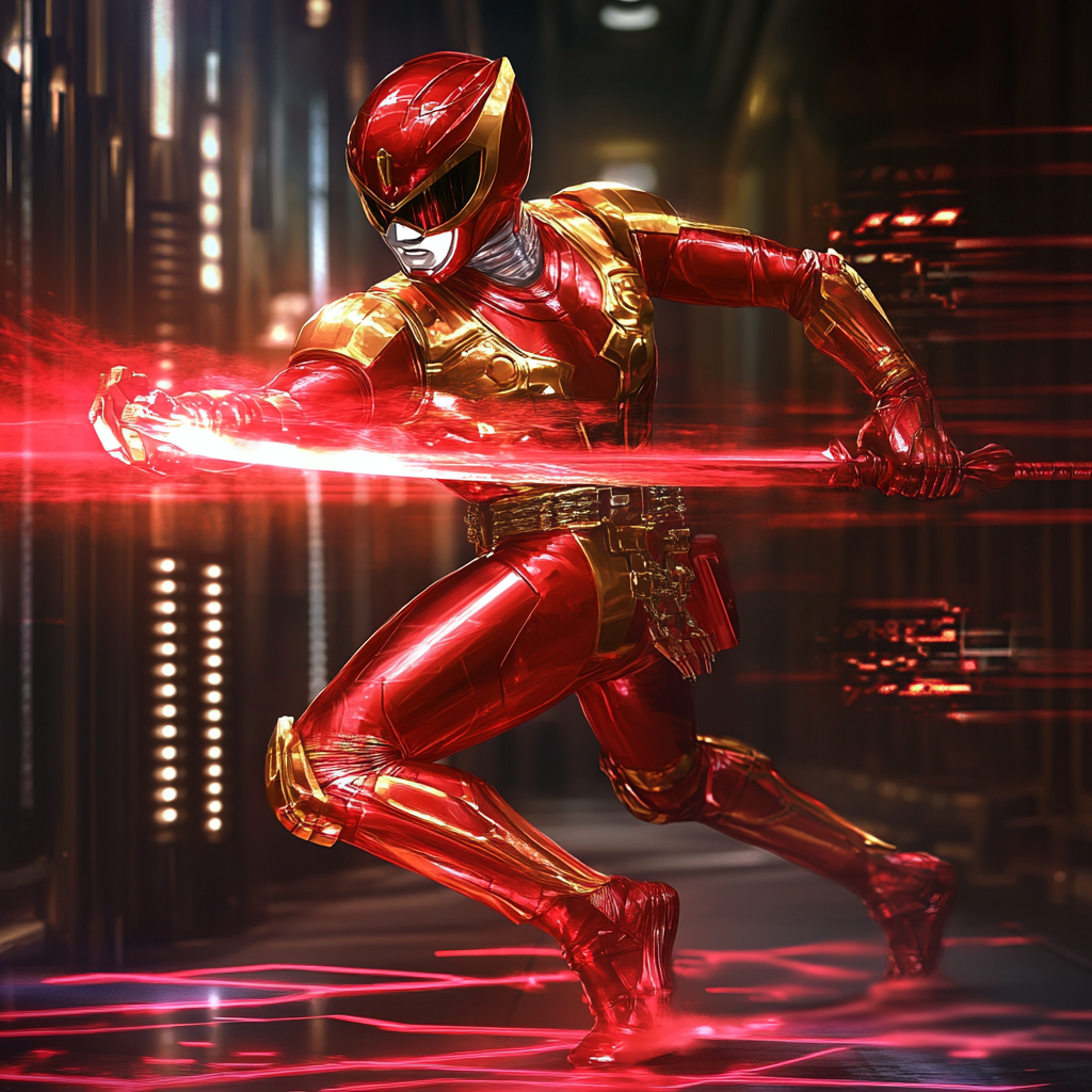 Red cyber ranger upgrades swinging cyber blade, digital effect.