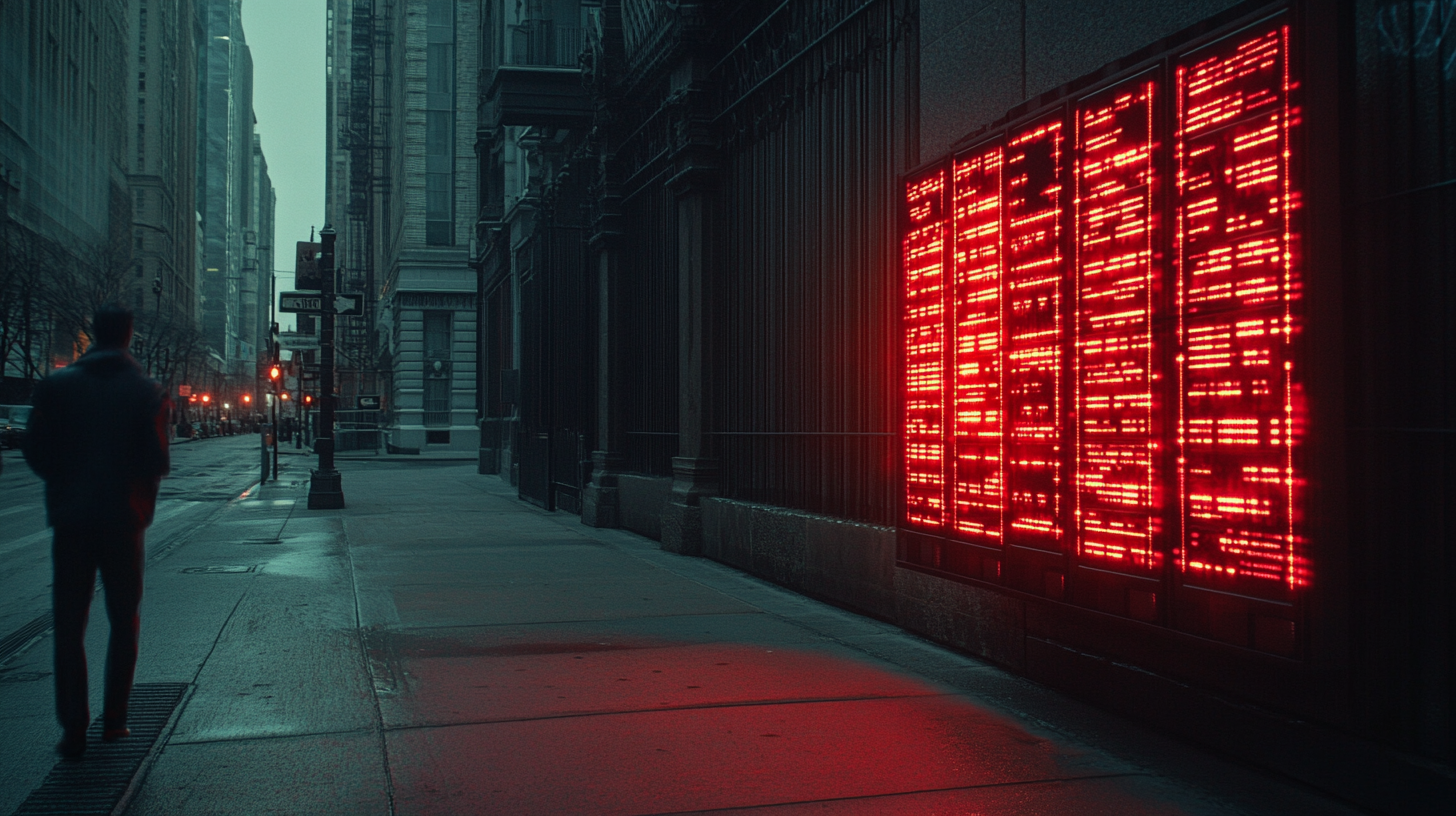 Red digital interface, empty sidewalk, large building, cinematic.