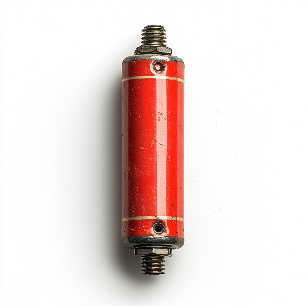 Red electronic capacitor viewed from top with aluminum legs