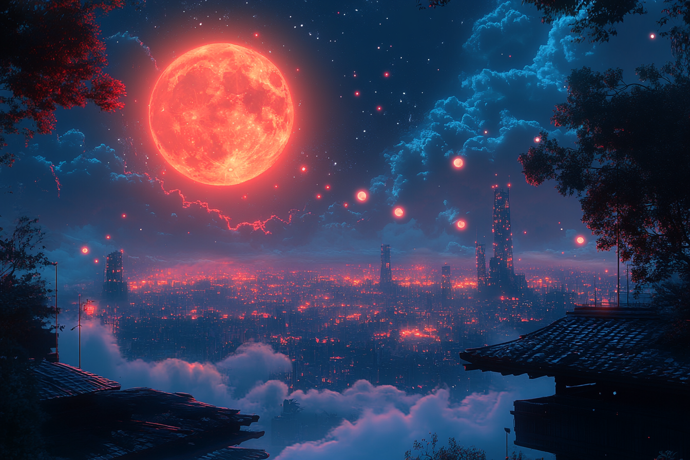 Red full moon glowing in starry sky anime style.