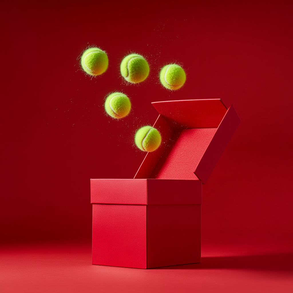 Red gift box with fuzzy tennis balls