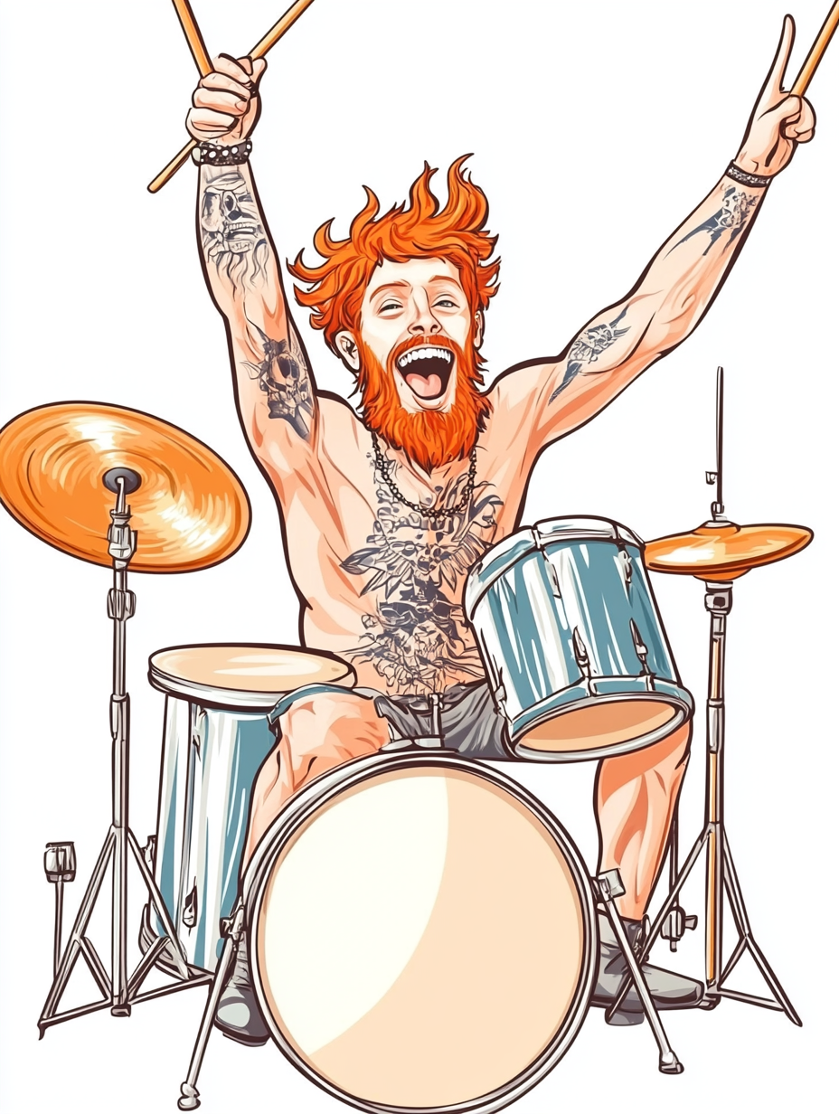 Red-haired drummer playing heavy metal with drum sticks.