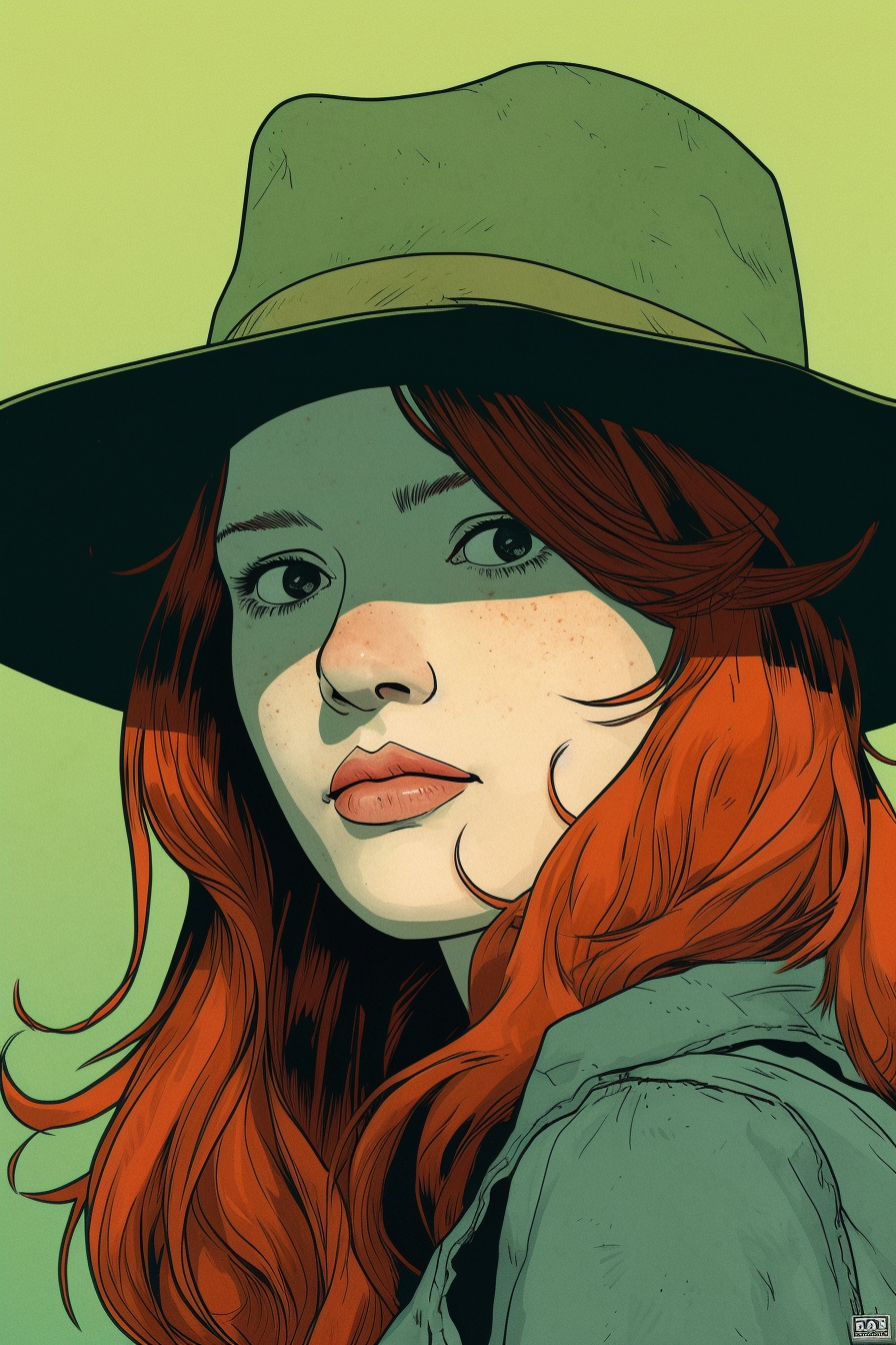 Red-haired girl in wide-brimmed hat comics portrait