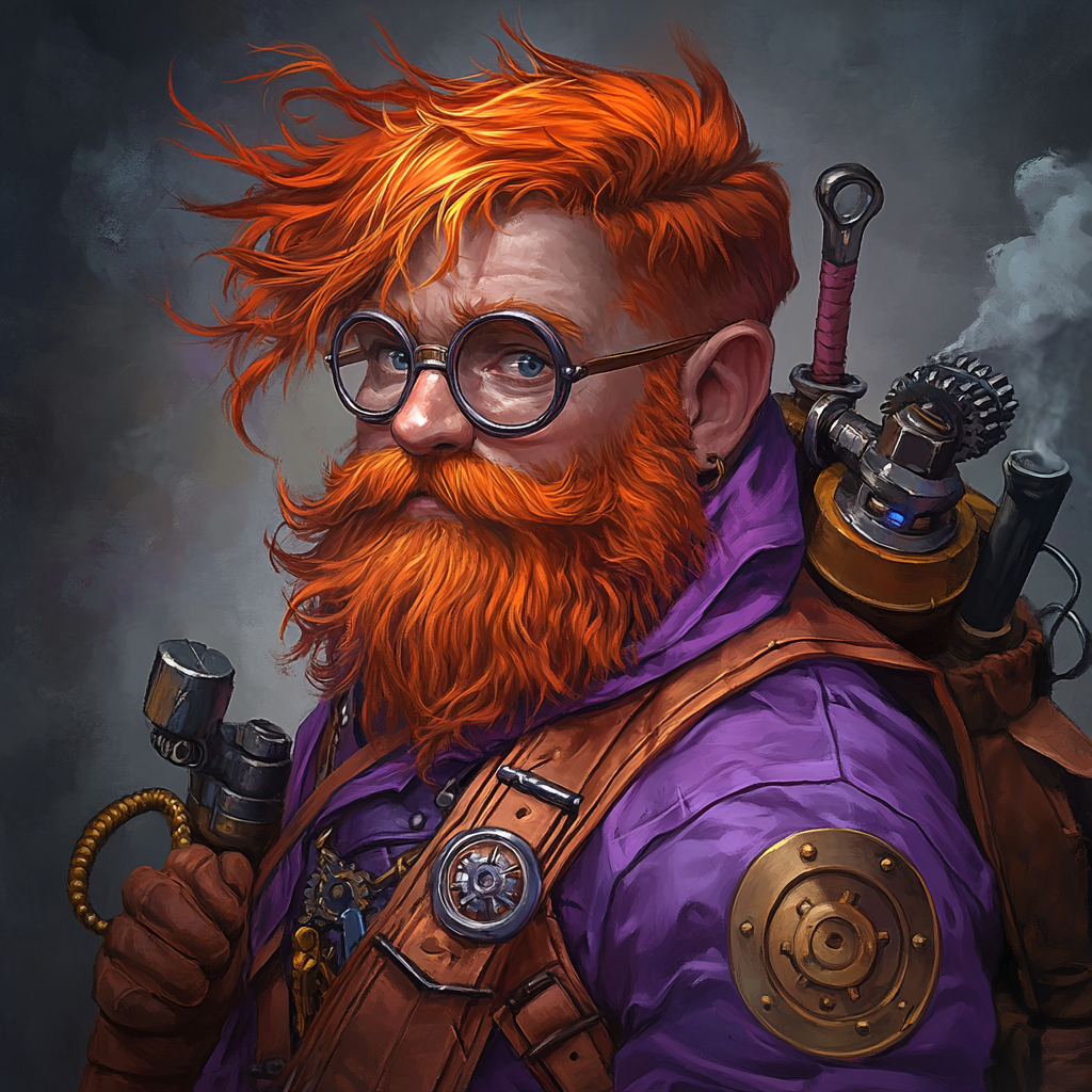 Red-haired gnome wizard in purple tunic holding wrench.