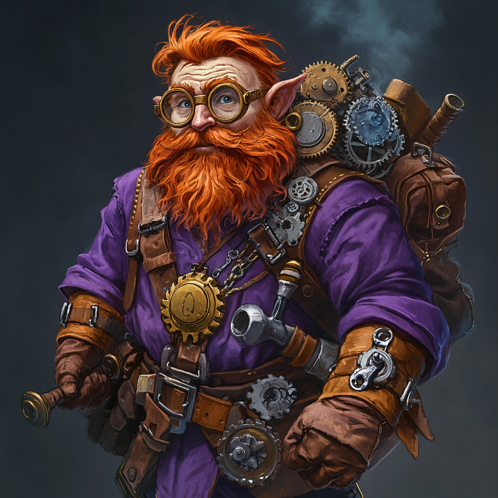 Red-haired gnome wizard with wrench and gear bag.