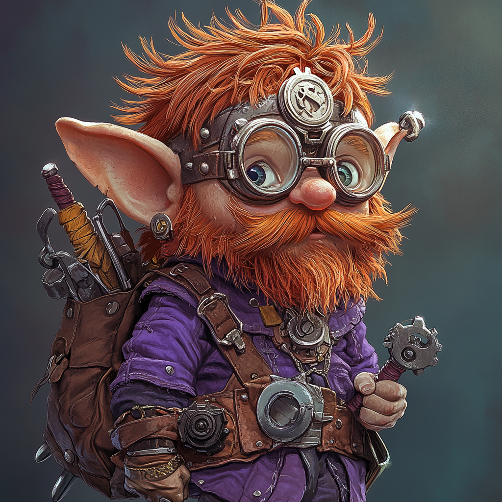 Red-haired gnome wizard with wrench and gear-filled bag.