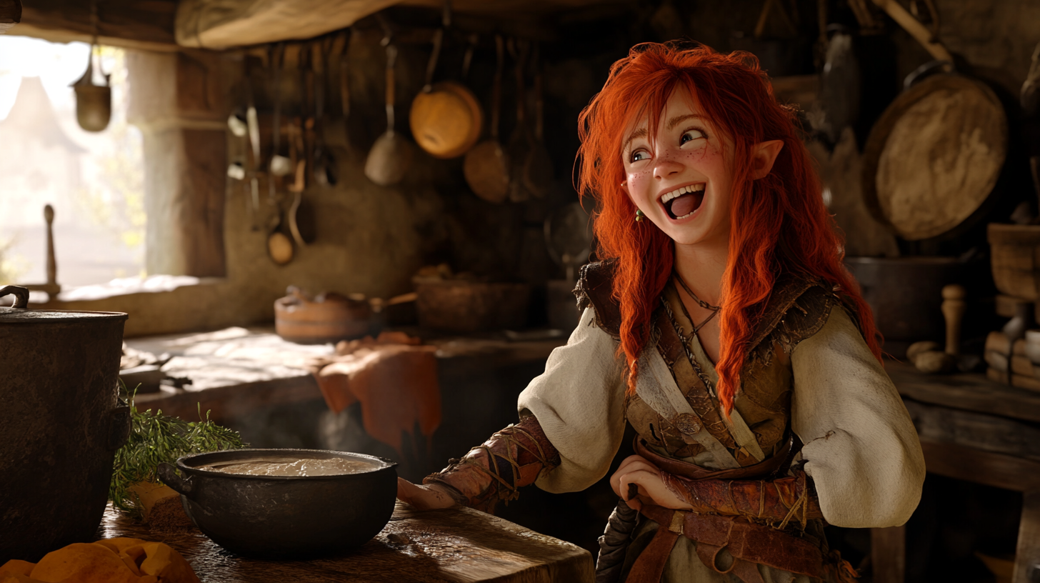 Red haired halfling barbarian cooking in medieval kitchen.