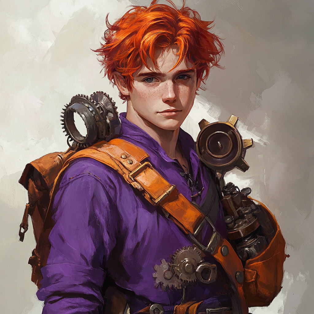 Red-haired wizard with purple tunic and tools, realistic style.