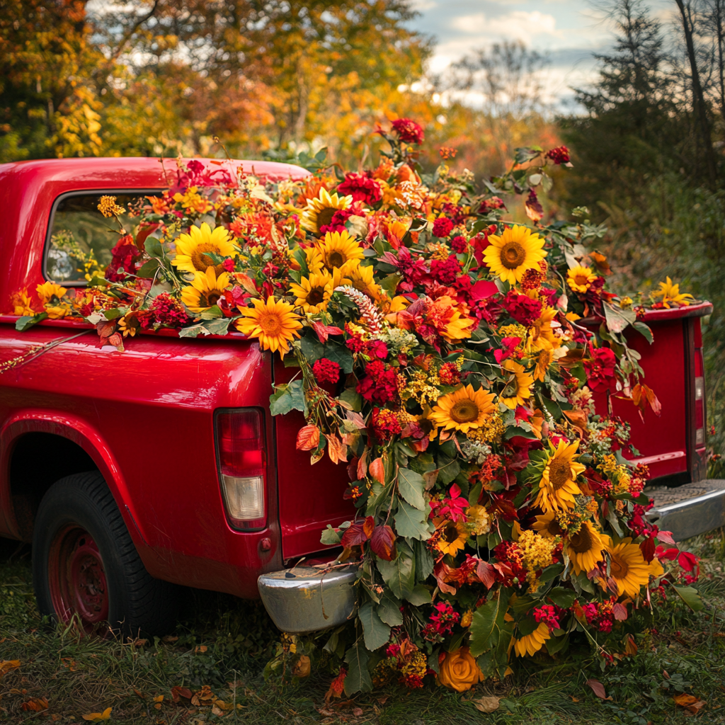 Red holiday truck with fall flowers, including sunflowers, tailgate.