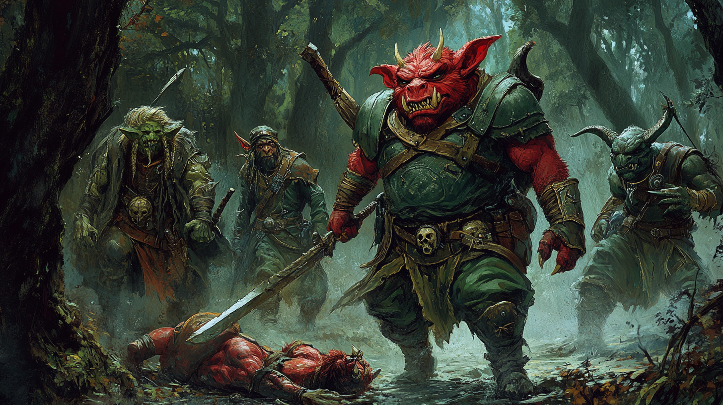 Red kobold rogue in green leather leading DND party.