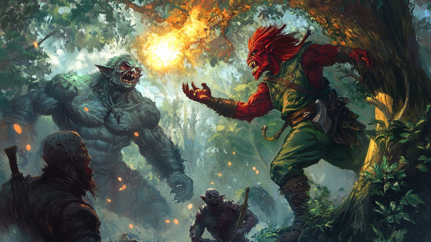 Red kobold rogue throws fireball at giant zombie bodybuilder.