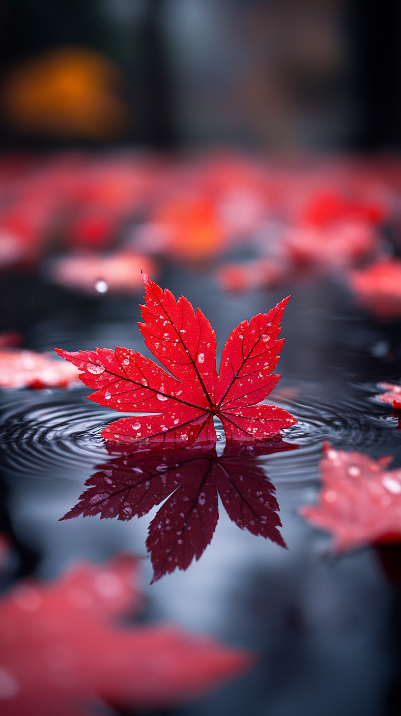 Red maple leaves float on water, macro photography.