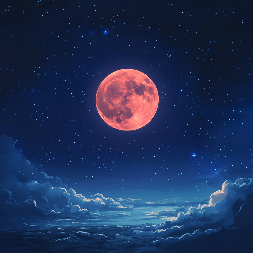 Red moon, blue stars in warm, lyrical night sky.