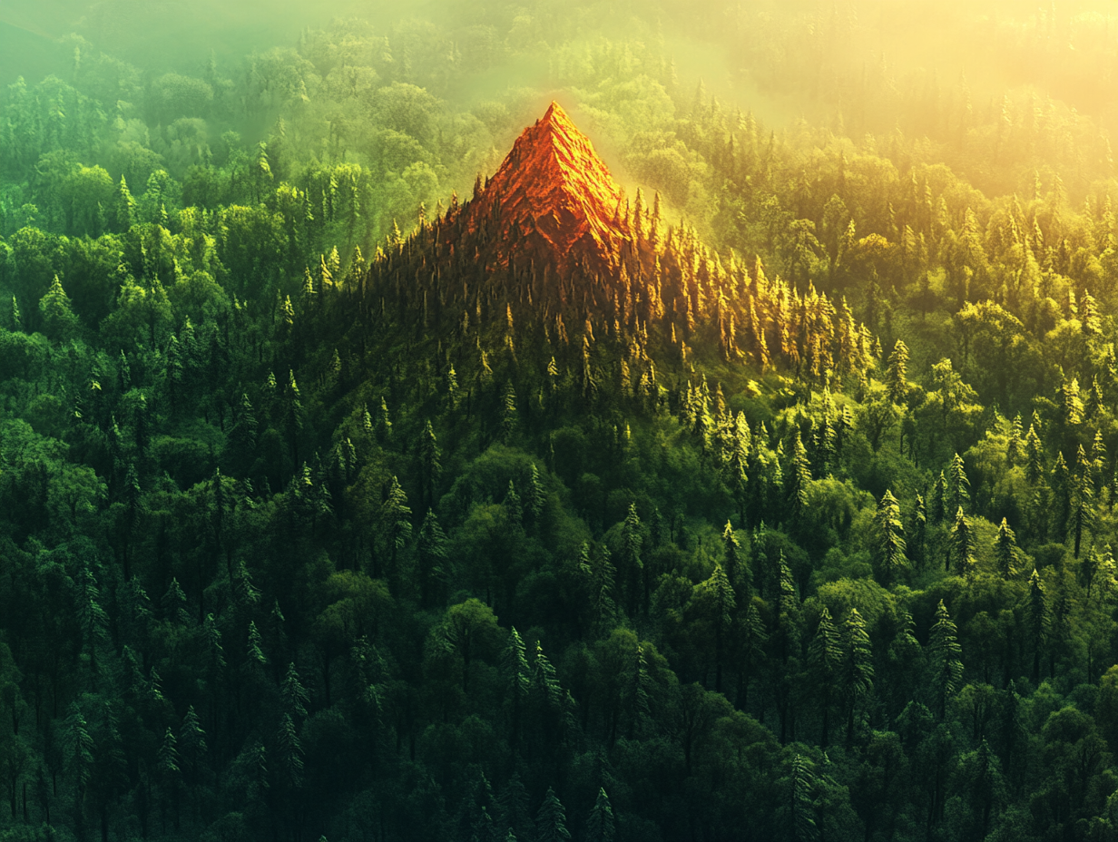 Red mountain in mystical immense lush forest.