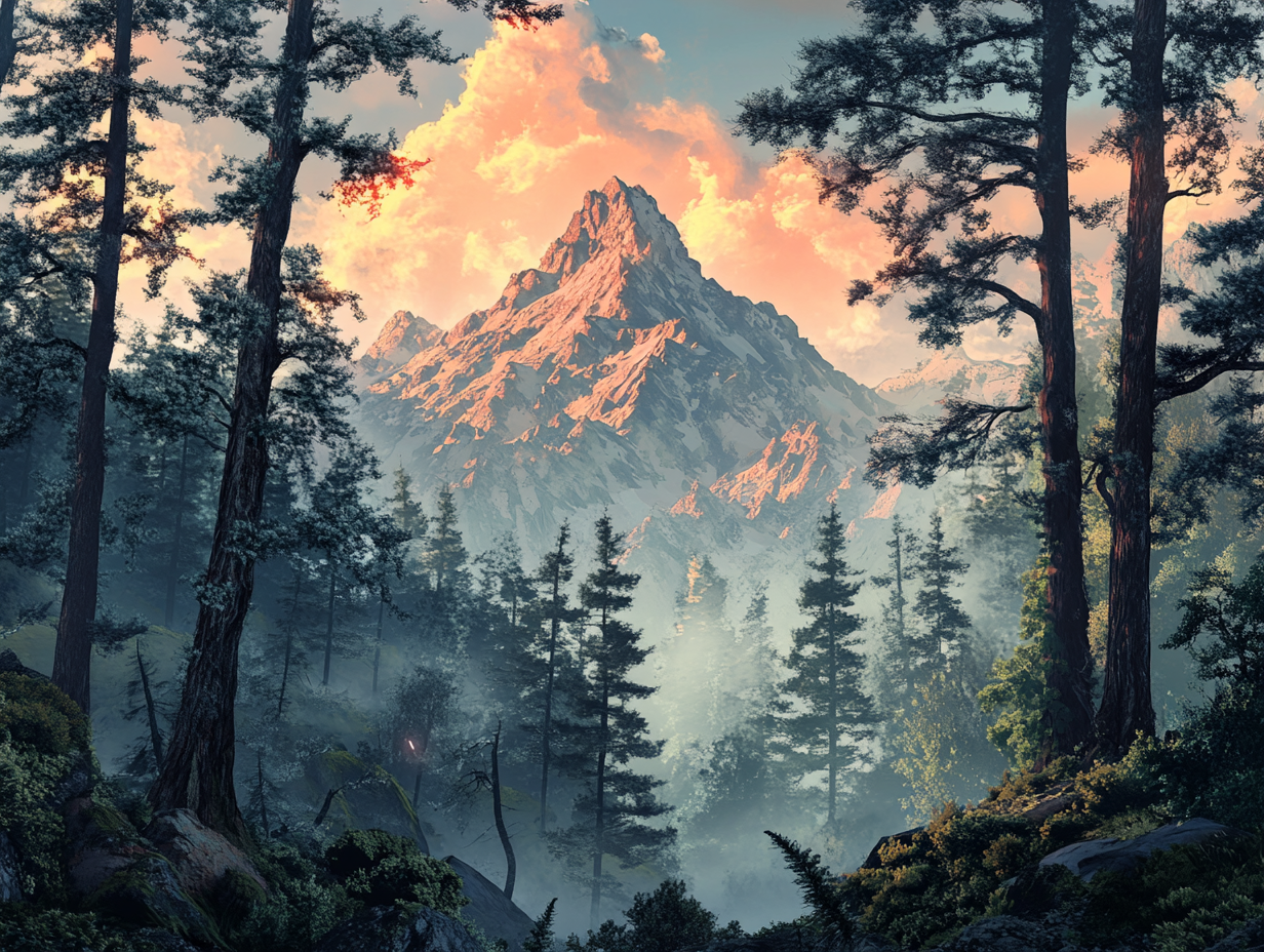 Red mountain peak in magical temperate forest.