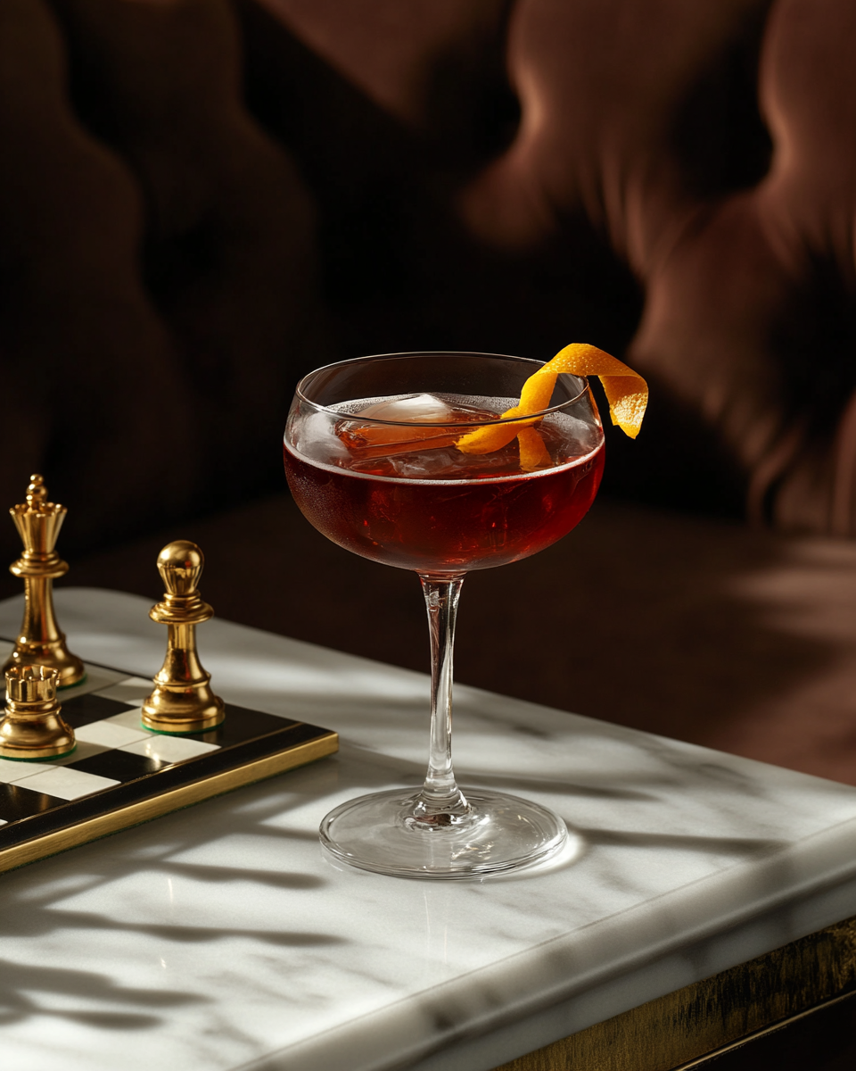 Red negroni cocktail, orange twist, marble table, gold chess.