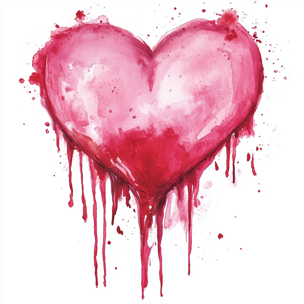 Red paint oozing from pink watercolor heart illustration.