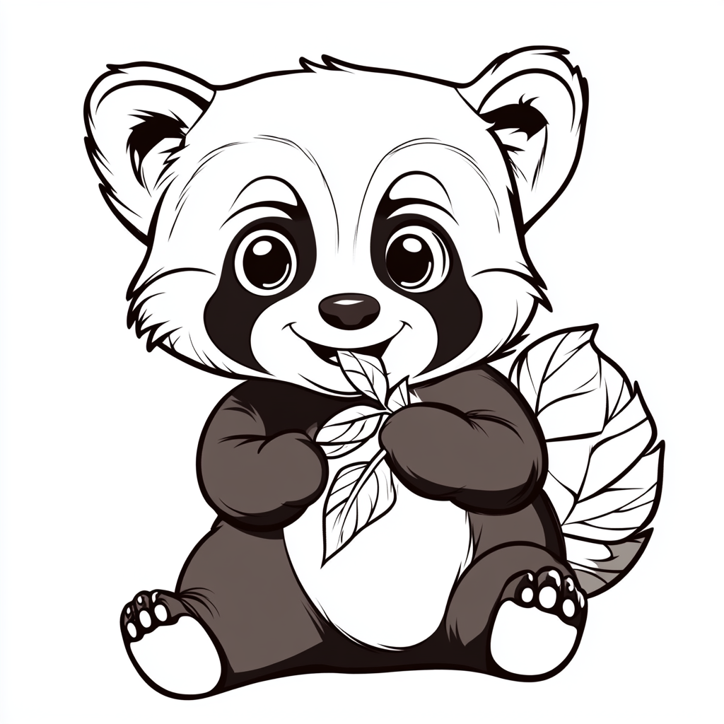 Red panda eating leaf on colorful cartoon page.