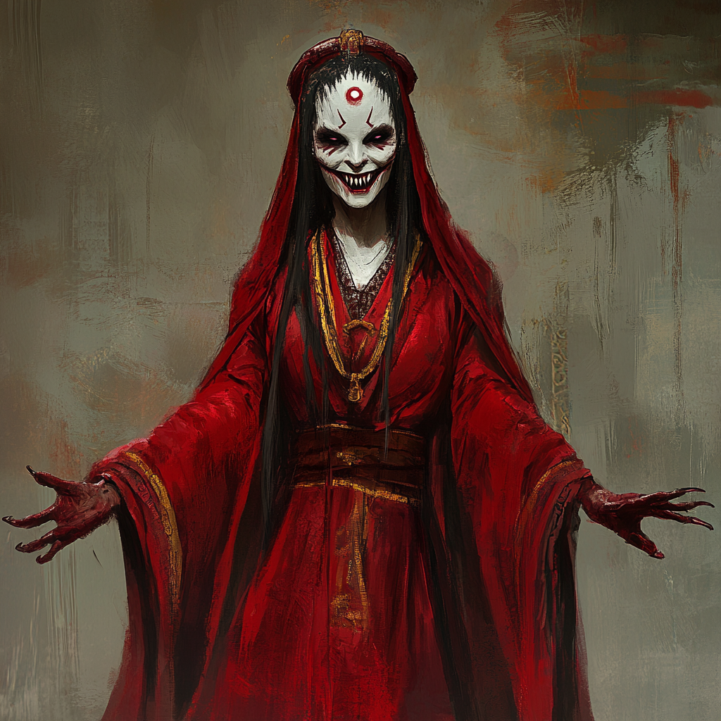 Red-robed Persephone with ghost ship, wide grin, third eye.