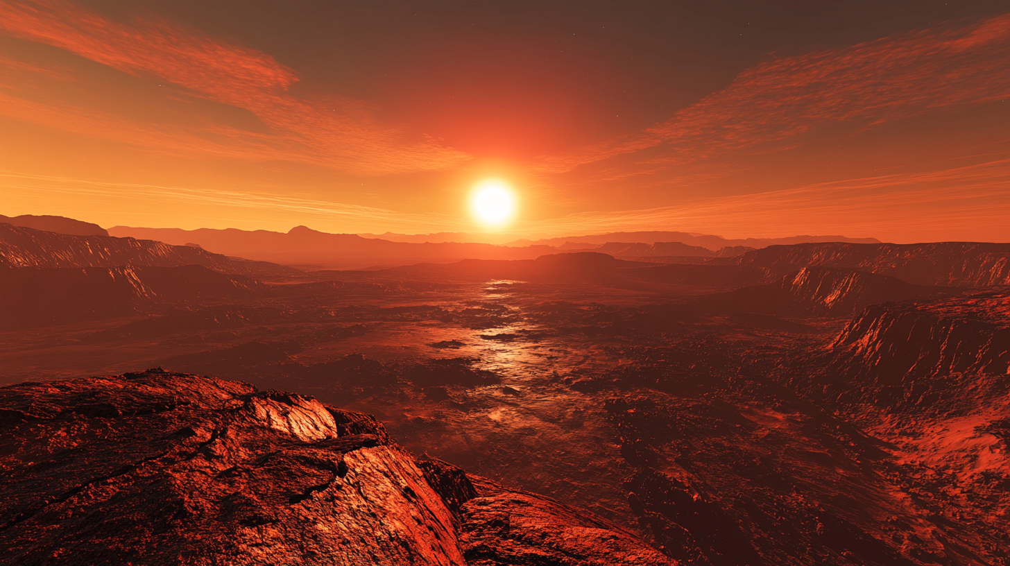 Red rocky Martian terrain with setting Sun, 16:9 perspective.