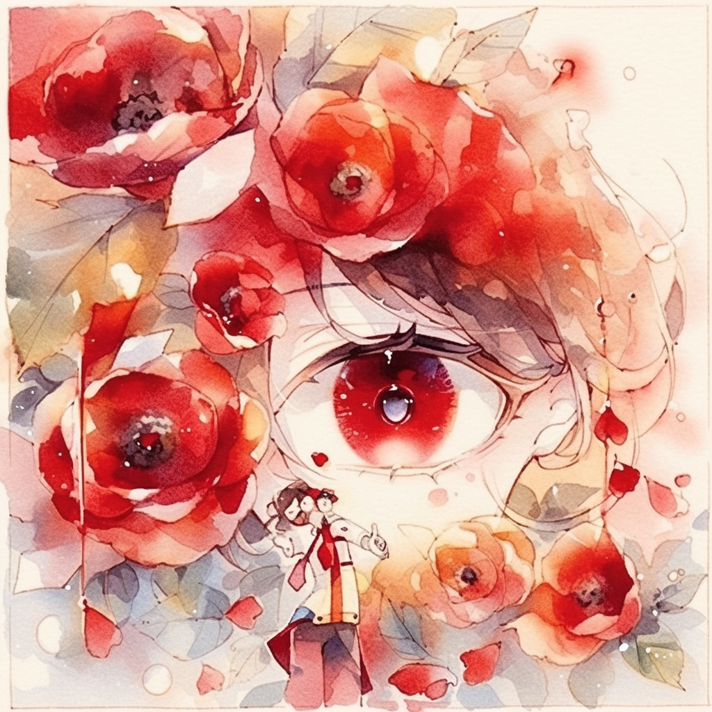 Red rose with anime eye in center, vector art.