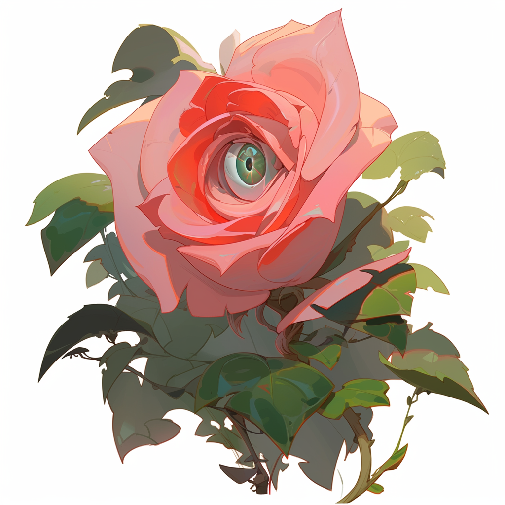 Red rose with anime eye in center, vivid petals.