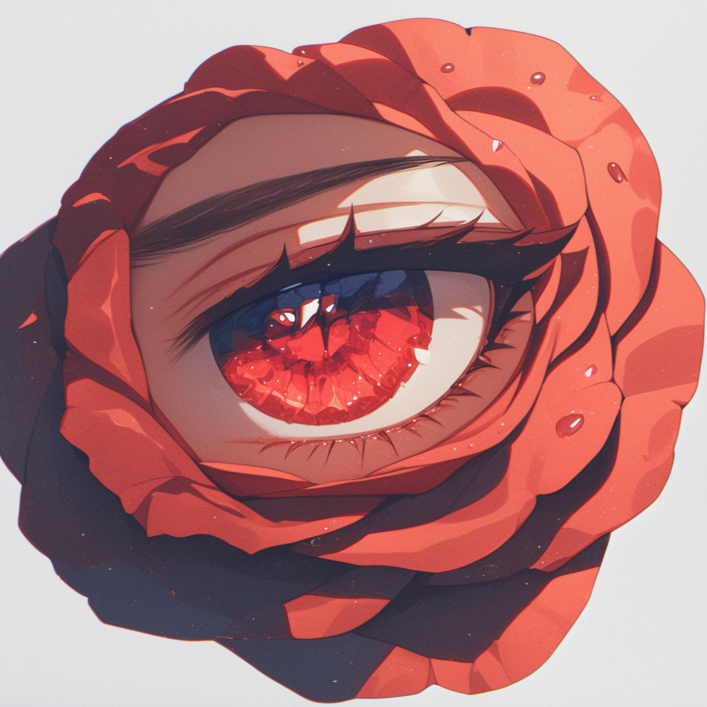 Red rose with anime eye in center, white background.