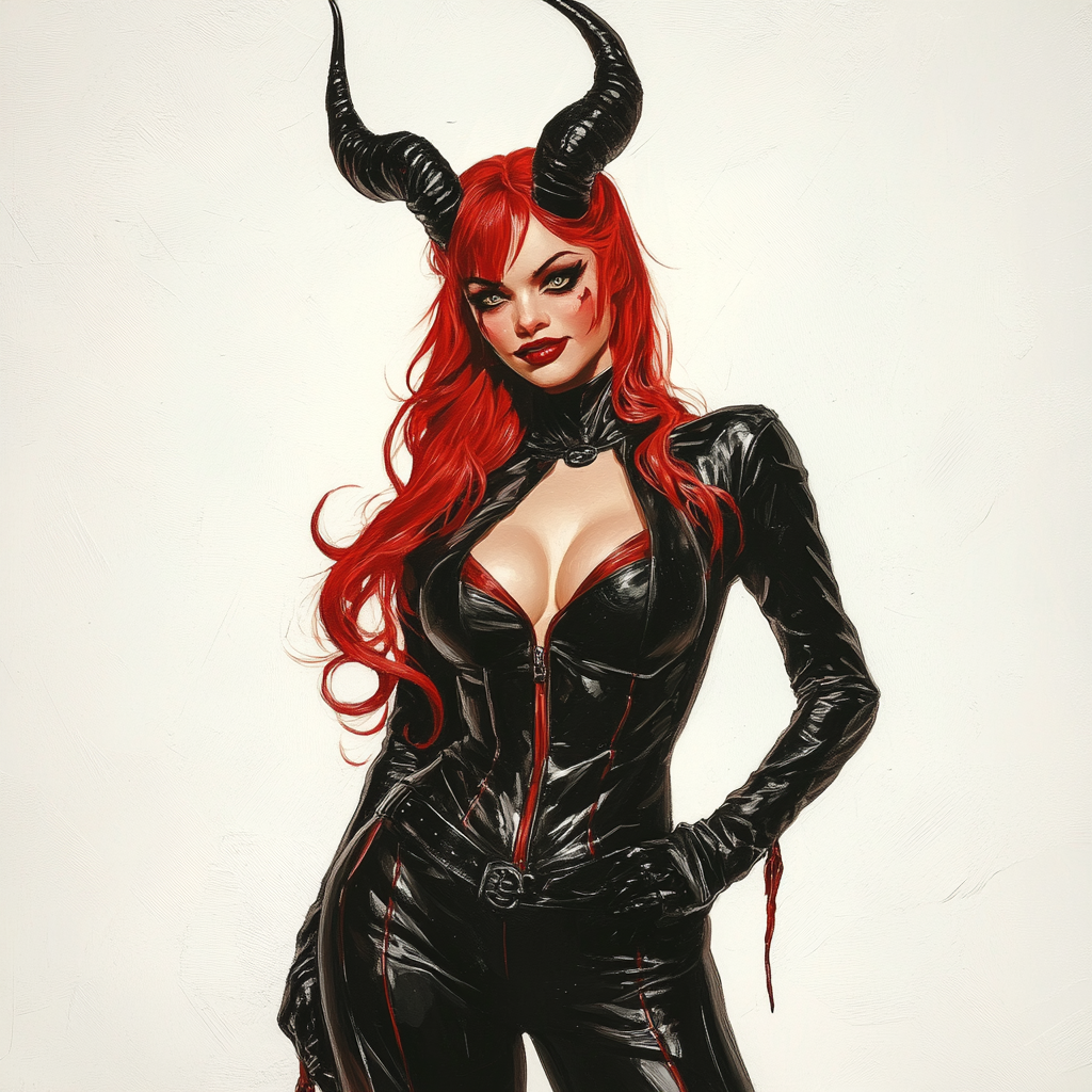 Red skin female super villain in black leather