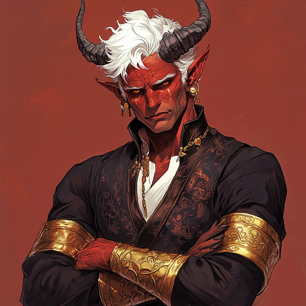 Red-skinned warlock, white hair, gold plates, confident, pompous.