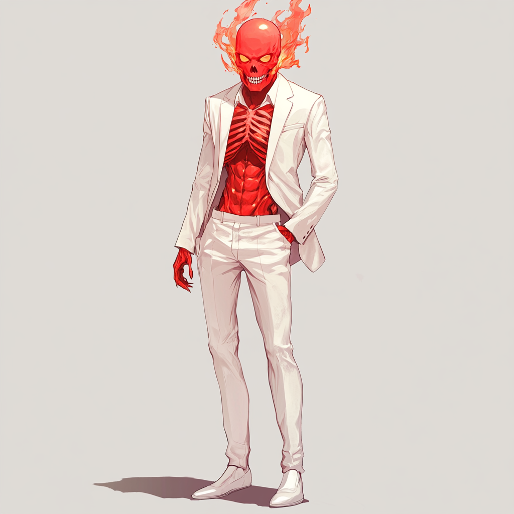 Red skull head anime character with flame body standing boldly.