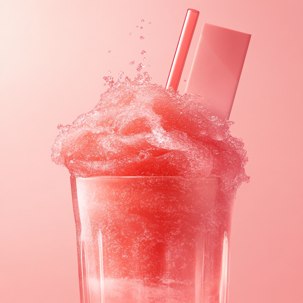 Red slushy with makeup packaging and wavy straw.